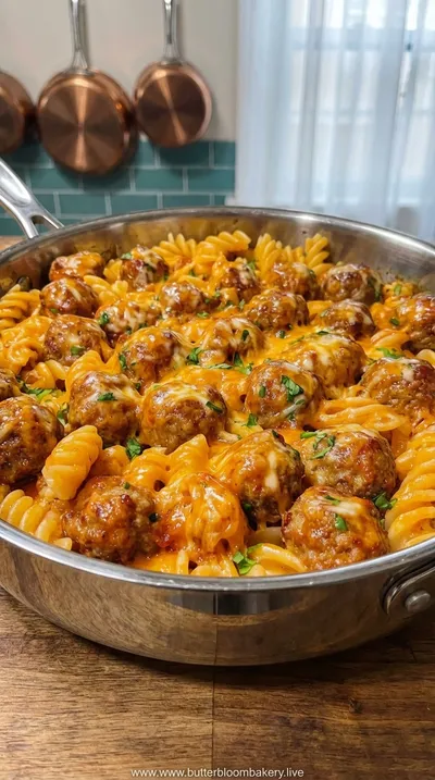 BBQ Ranch Meatball Cheddar Pasta Skillet