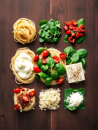 Creamy Sun-Dried Tomato Linguine with Spinach - ingredients preparation