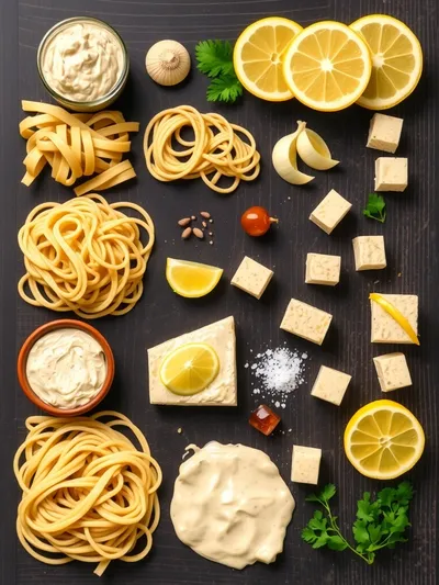 Creamy Tahini Pasta With Lemon, Garlic & Tofu - ingredients preparation