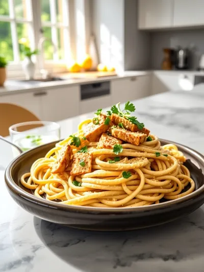 Creamy Tahini Pasta With Lemon, Garlic & Tofu - ready to serve