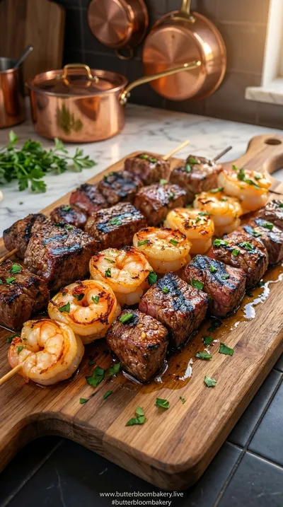 Grilled Steak and Shrimp Skewers with Garlic Butter